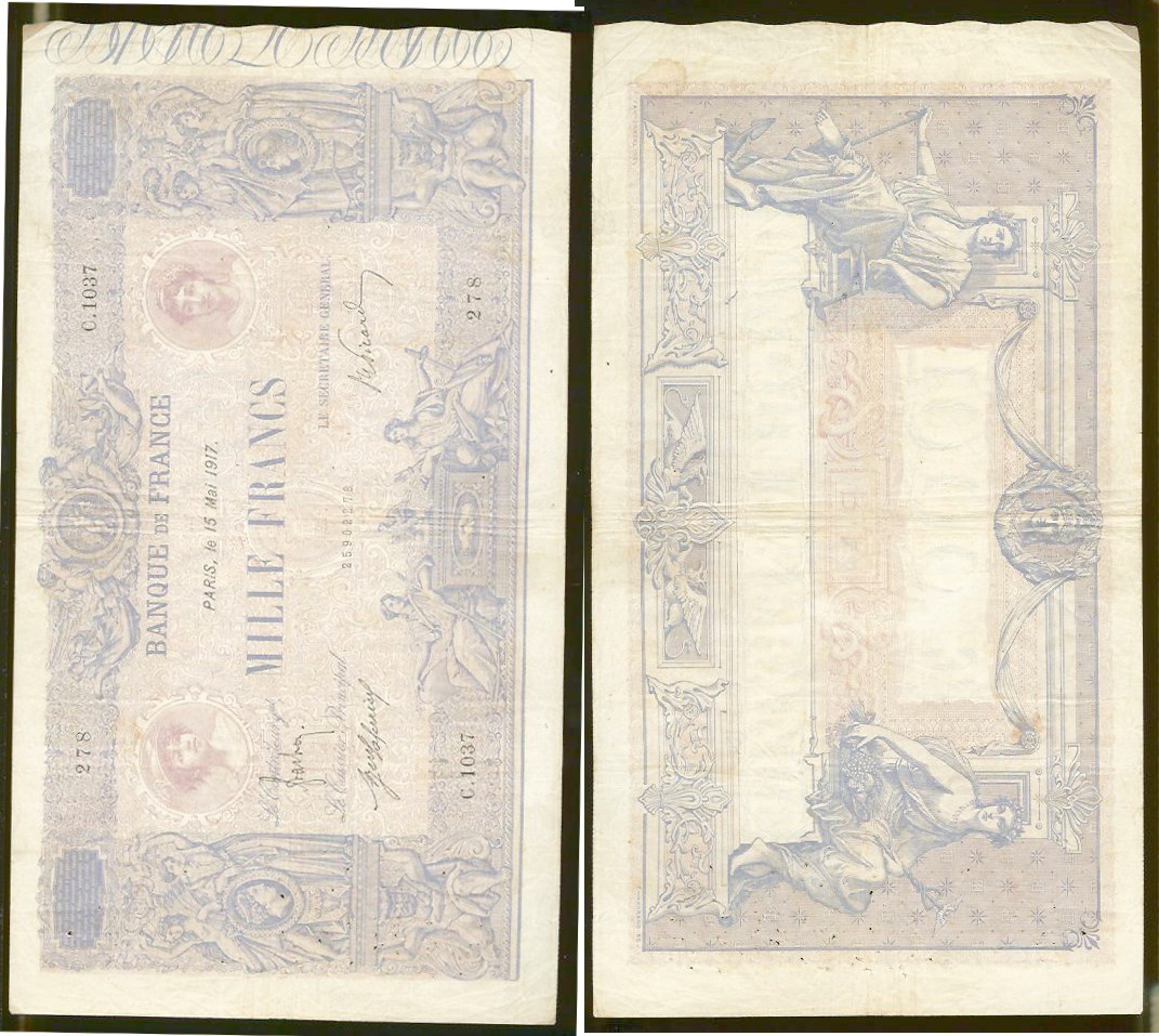 1000 francs Blue and Red 1917 gF